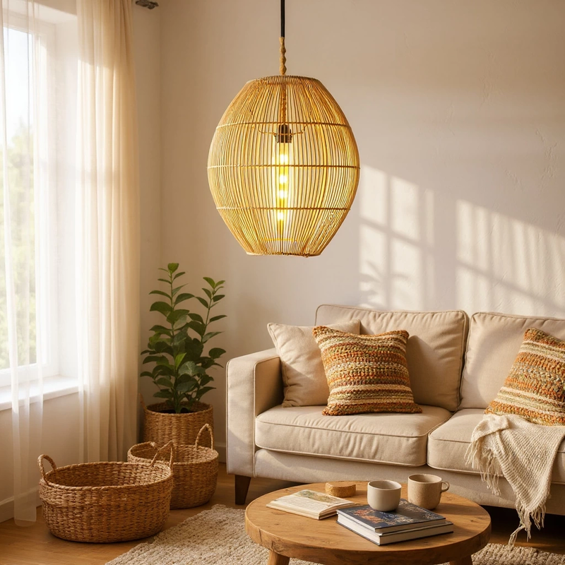 Damla Düz Rattan Rattan Avize - Görsel 1