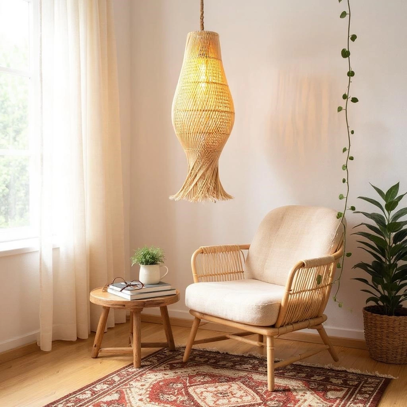 Bambu Lena Saçaklı Rattan Avize - 1
